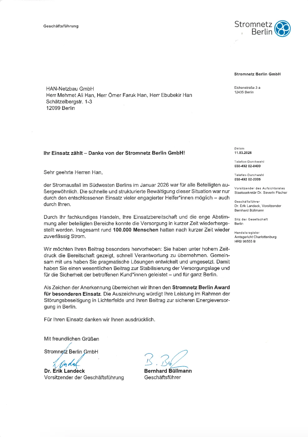 Dankesschreiben der Stromnetz Berlin GmbH an die HAN-Netzbau GmbH vom 11.03.2026, unterschrieben von der Geschäftsführung